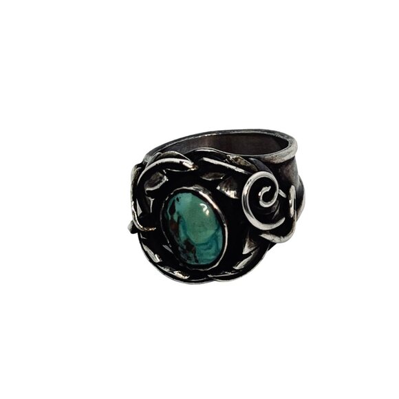 Vintage Chunky Sterling Silver And Turquoise Leaf With Vine Ring (R361) - Picture 4 of 7